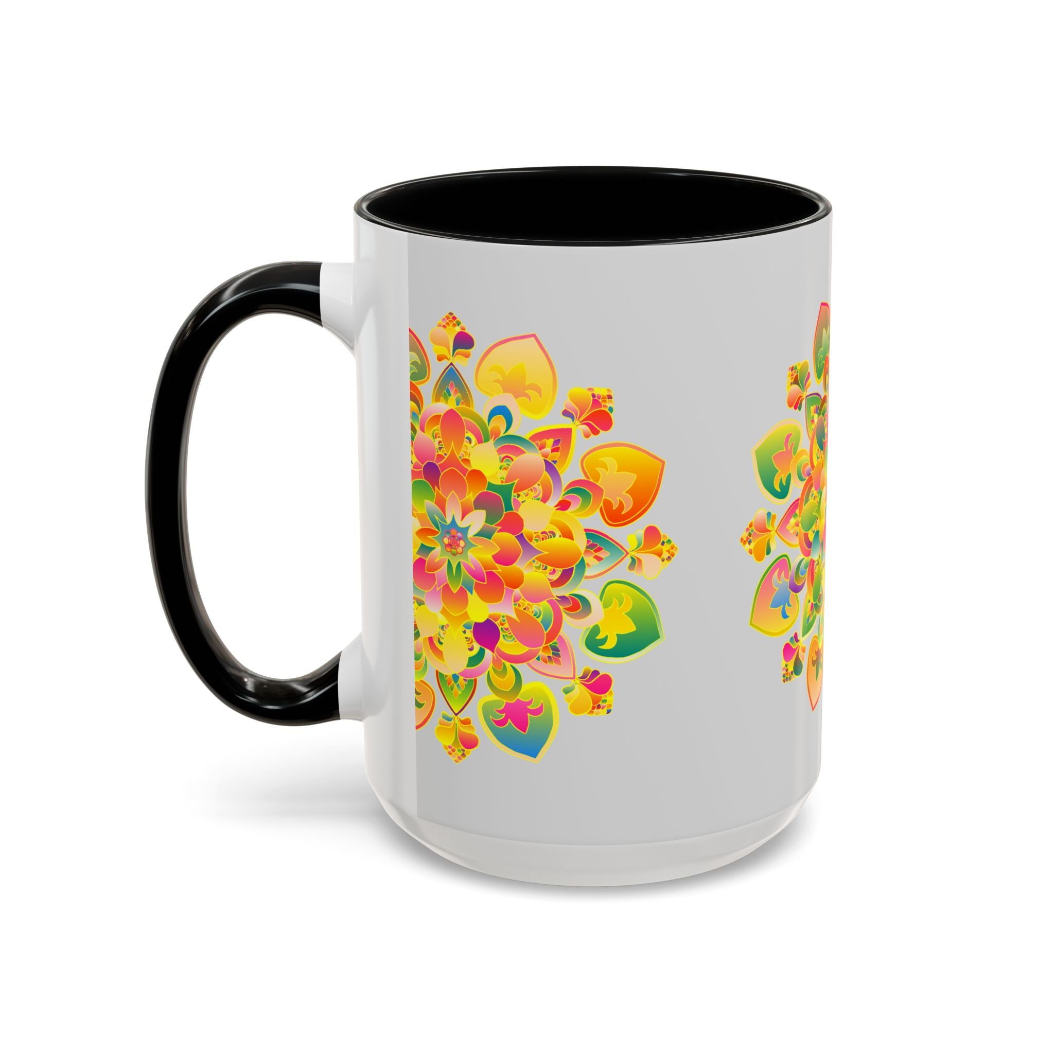 Colorful floral mandala art design mug, perfect for enjoying your favorite hot beverage