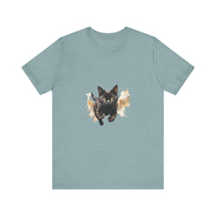 Black Cat Watercolor Sprint T-Shirt with vibrant watercolor design, available in various sizes
