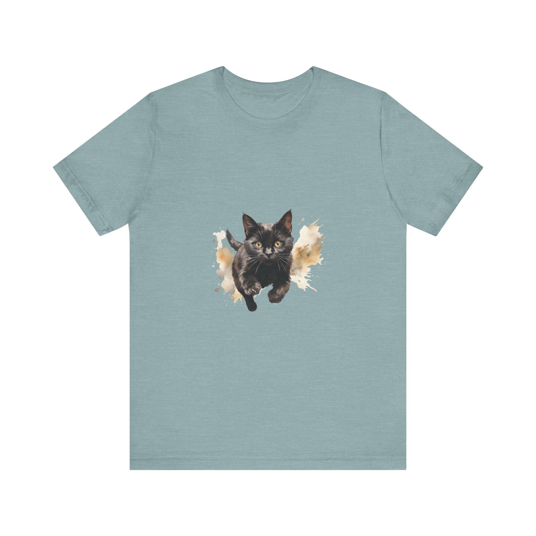 Black Cat Watercolor Sprint T-Shirt with vibrant watercolor design, available in various sizes