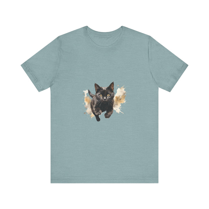 Black Cat Watercolor Sprint T-Shirt with vibrant watercolor design, available in various sizes