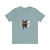 Black Cat Watercolor Sprint T-Shirt with vibrant watercolor design, available in various sizes