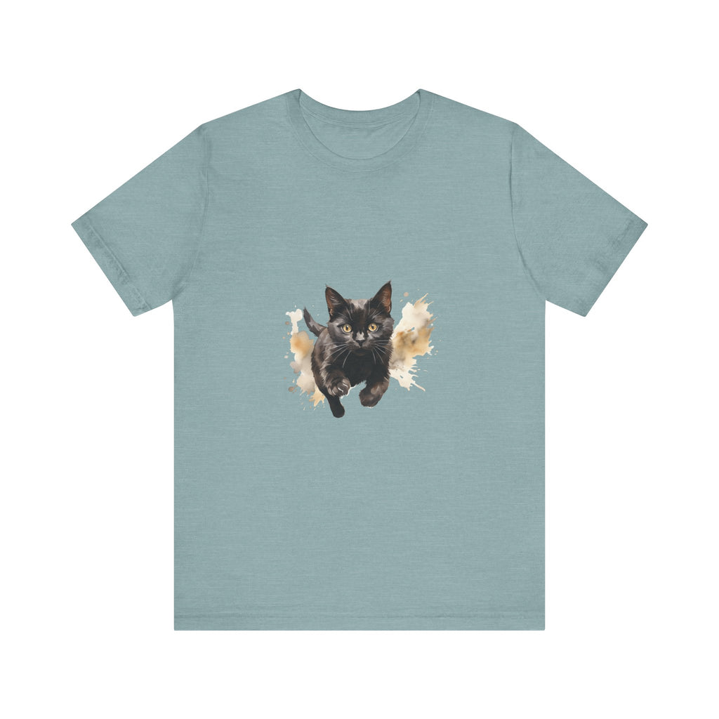 Black Cat Watercolor Sprint T-Shirt with vibrant watercolor design, available in various sizes