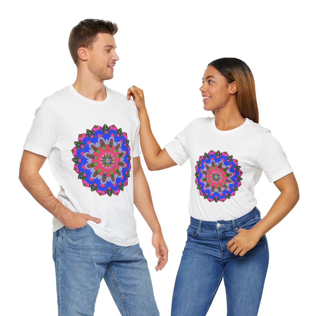 Vibrant and intricate mandala design on a colorful geometric t-shirt