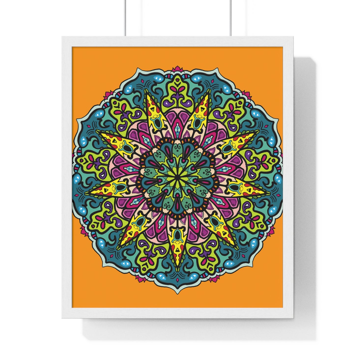 Hand-drawn mandala poster framed in vertical orientation for home decor