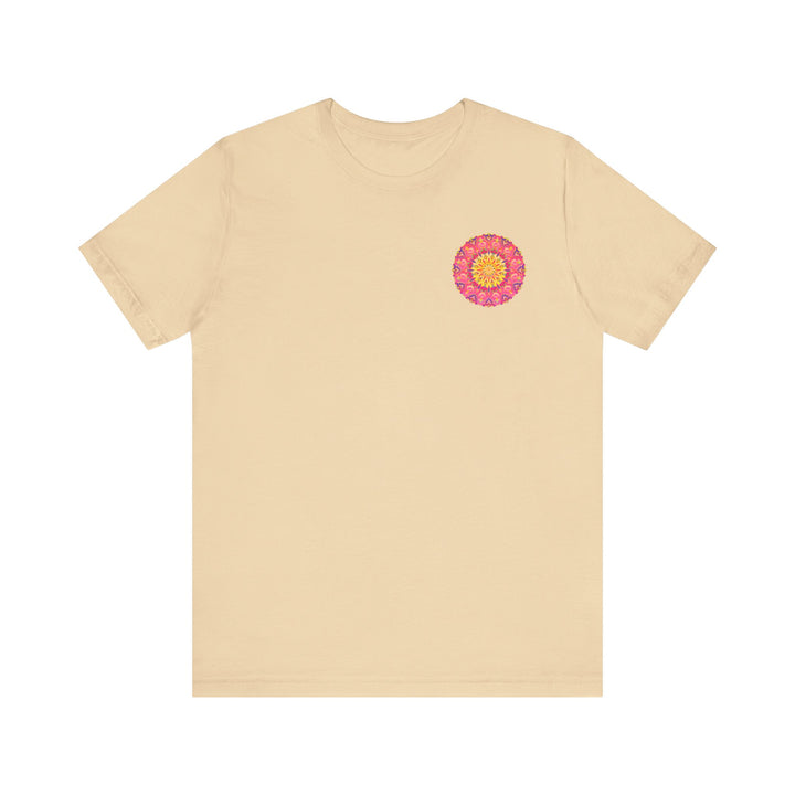 Vibrant pink and yellow mandala design t-shirt promoting peace and harmony