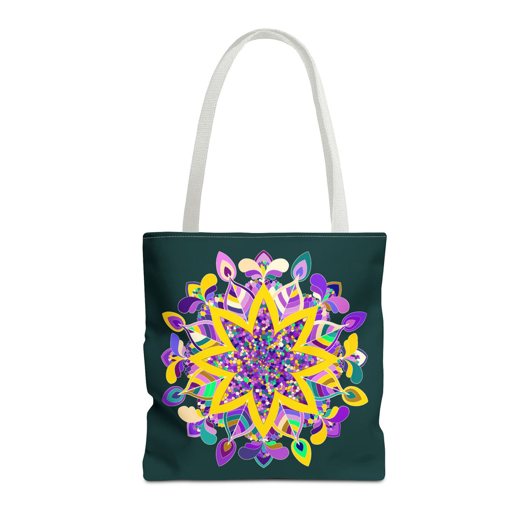 Dark green Zen Girl mandala tote bag with intricate colorful design