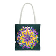 Dark green Zen Girl mandala tote bag with intricate colorful design