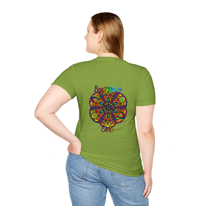 Colorful mandala art design unisex softstyle t-shirt, perfect gift for sister, hand-drawn and unique