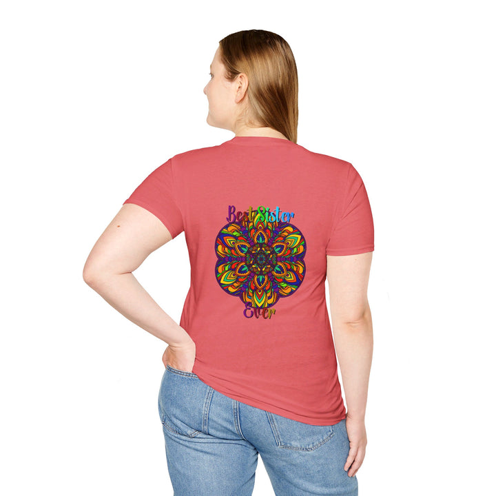 Softstyle unisex t-shirt with hand-drawn mandala art design, perfect gift for sister