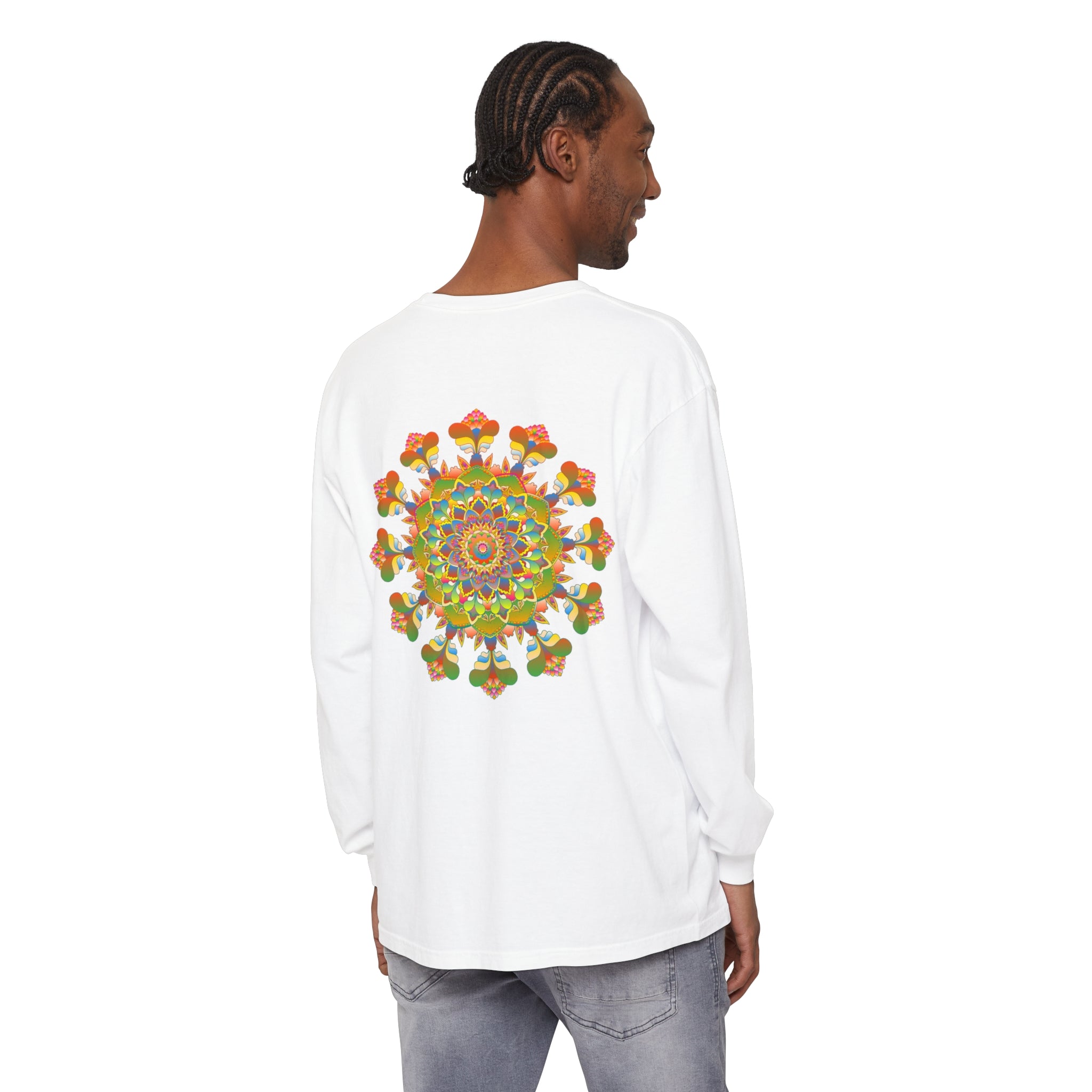 Vibrant Mandala Long Sleeve T-Shirt featuring colorful and intricate art design