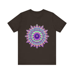 A close-up image of a vibrant and intricate psychedelic purple mandala t-shirt design on a soft, comfortable cotton fabric