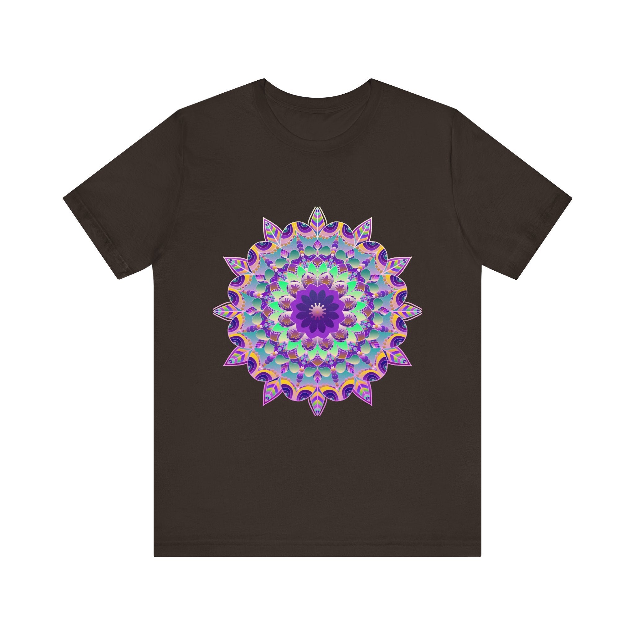 A close-up image of a vibrant and intricate psychedelic purple mandala t-shirt design on a soft, comfortable cotton fabric