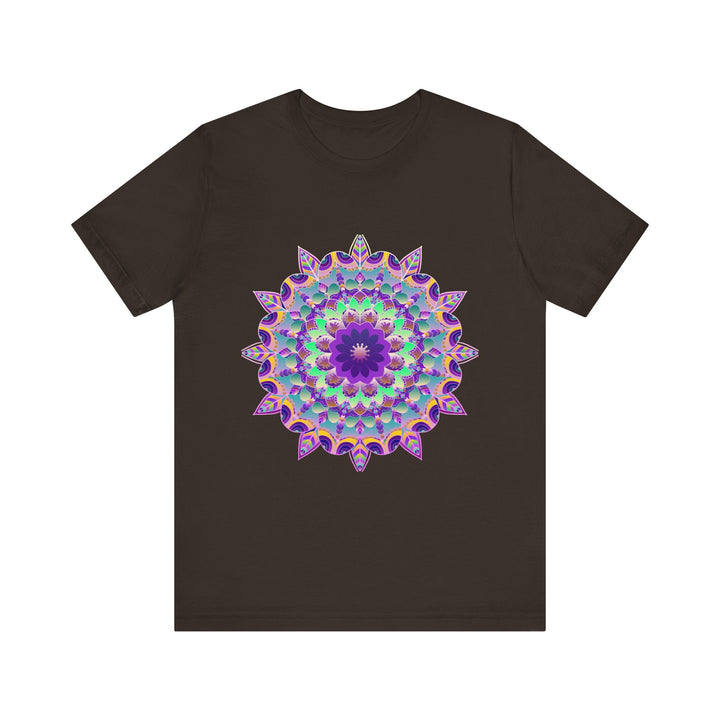 A close-up image of a vibrant and intricate psychedelic purple mandala t-shirt design on a soft, comfortable cotton fabric