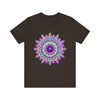 A close-up image of a vibrant and intricate psychedelic purple mandala t-shirt design on a soft, comfortable cotton fabric