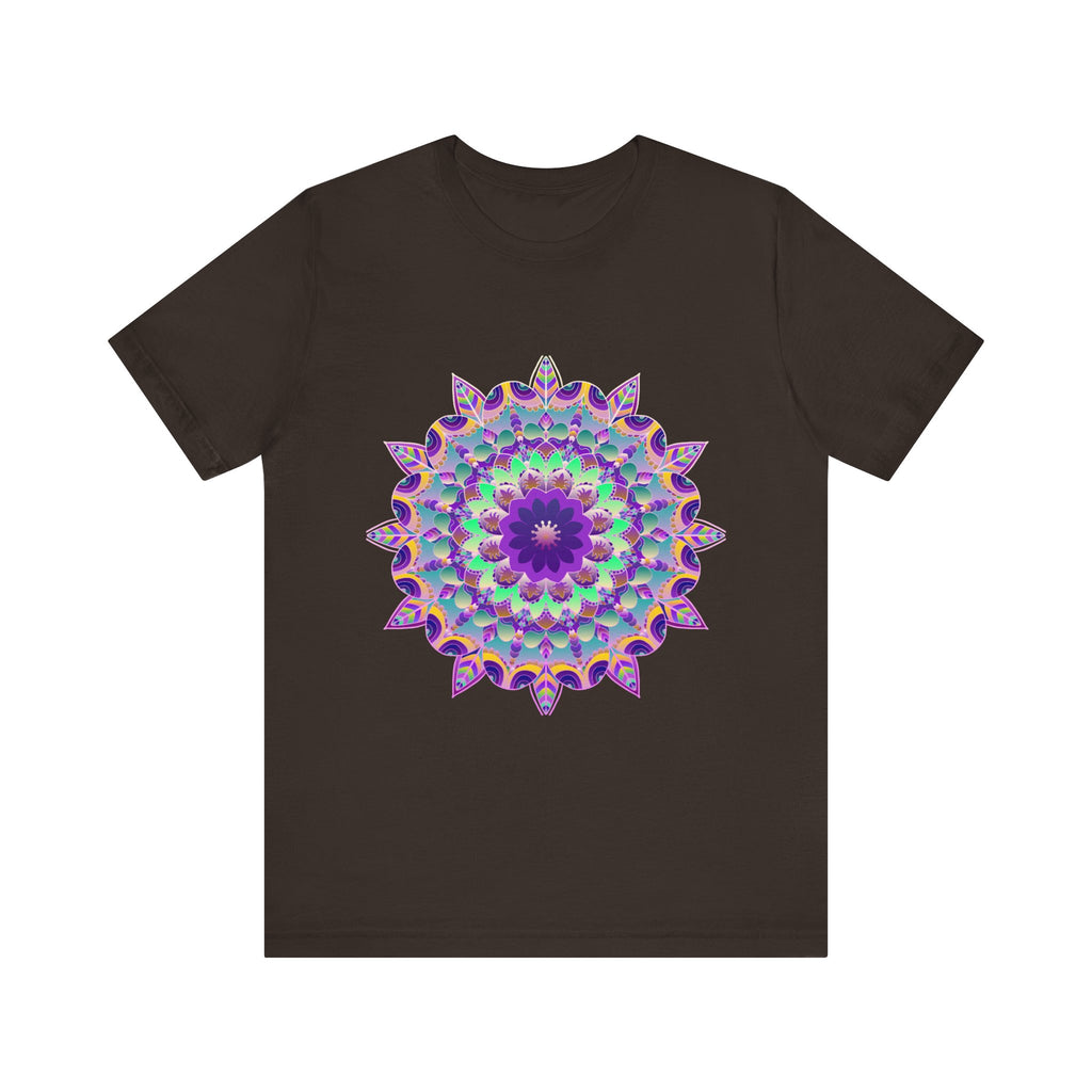 A close-up image of a vibrant and intricate psychedelic purple mandala t-shirt design on a soft, comfortable cotton fabric