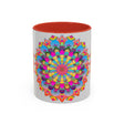 A vibrant and intricate mandala art mug featuring a colorful circular design