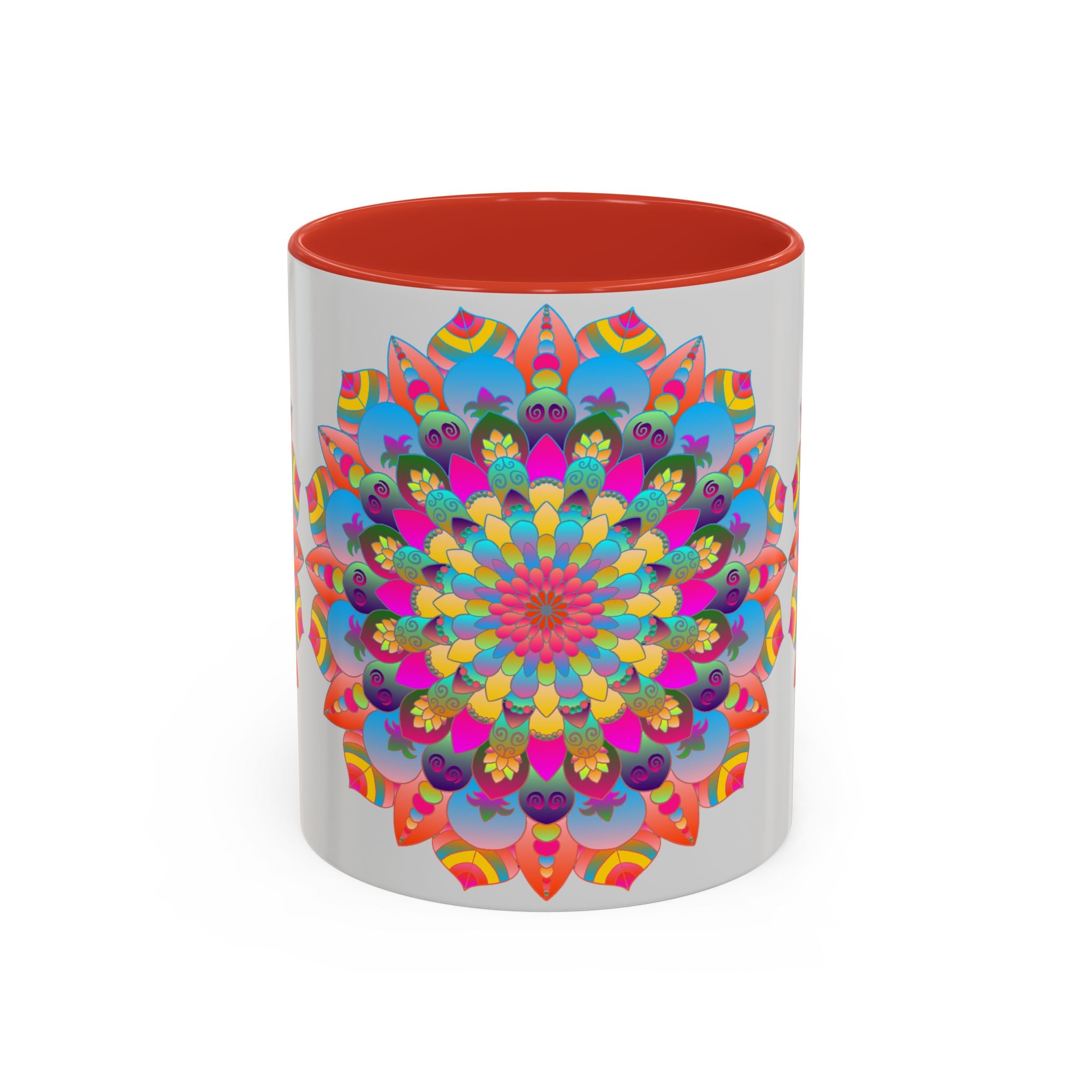 A vibrant and intricate mandala art mug featuring a colorful circular design