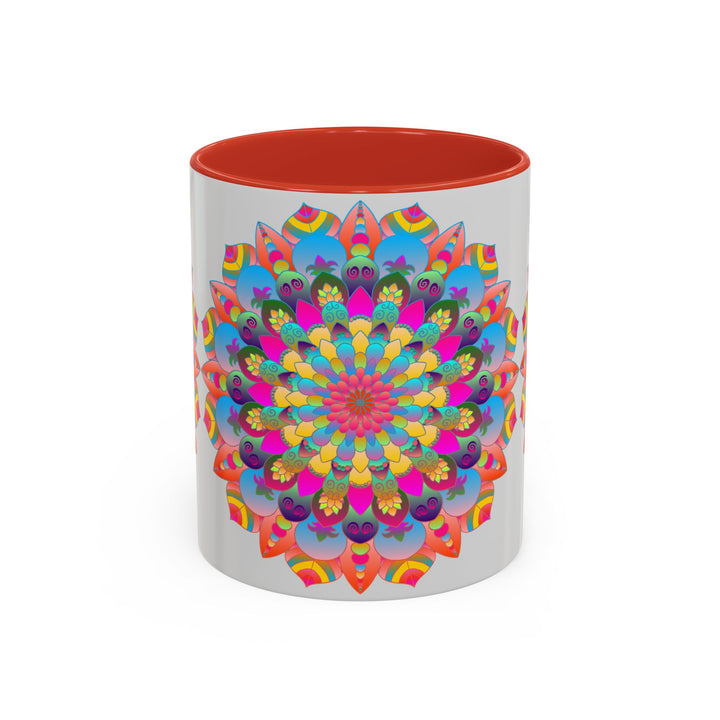 A vibrant and intricate mandala art mug featuring a colorful circular design