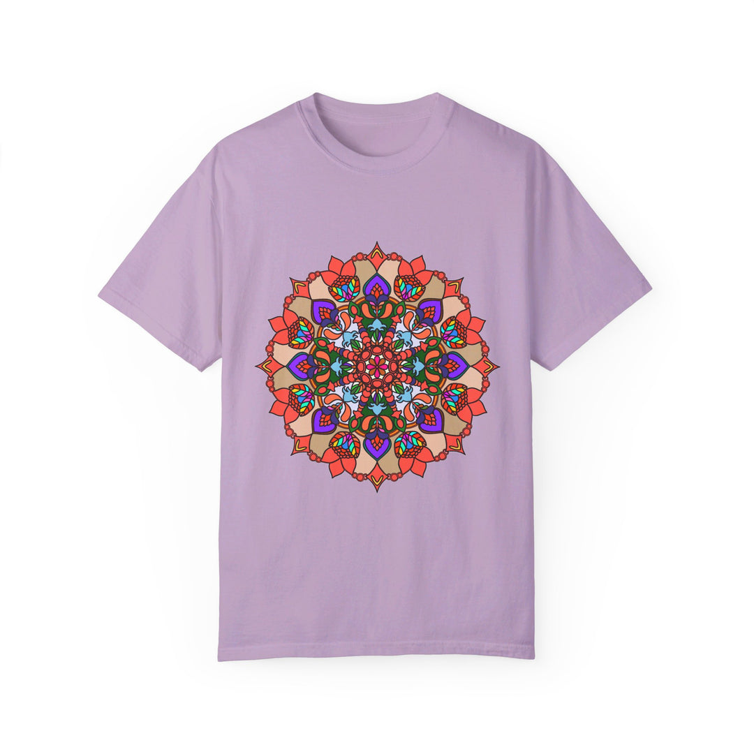 Unisex mandala t-shirt made from 100% ring-spun cotton, hand-drawn mandala art, and garment-dyed for extra comfort