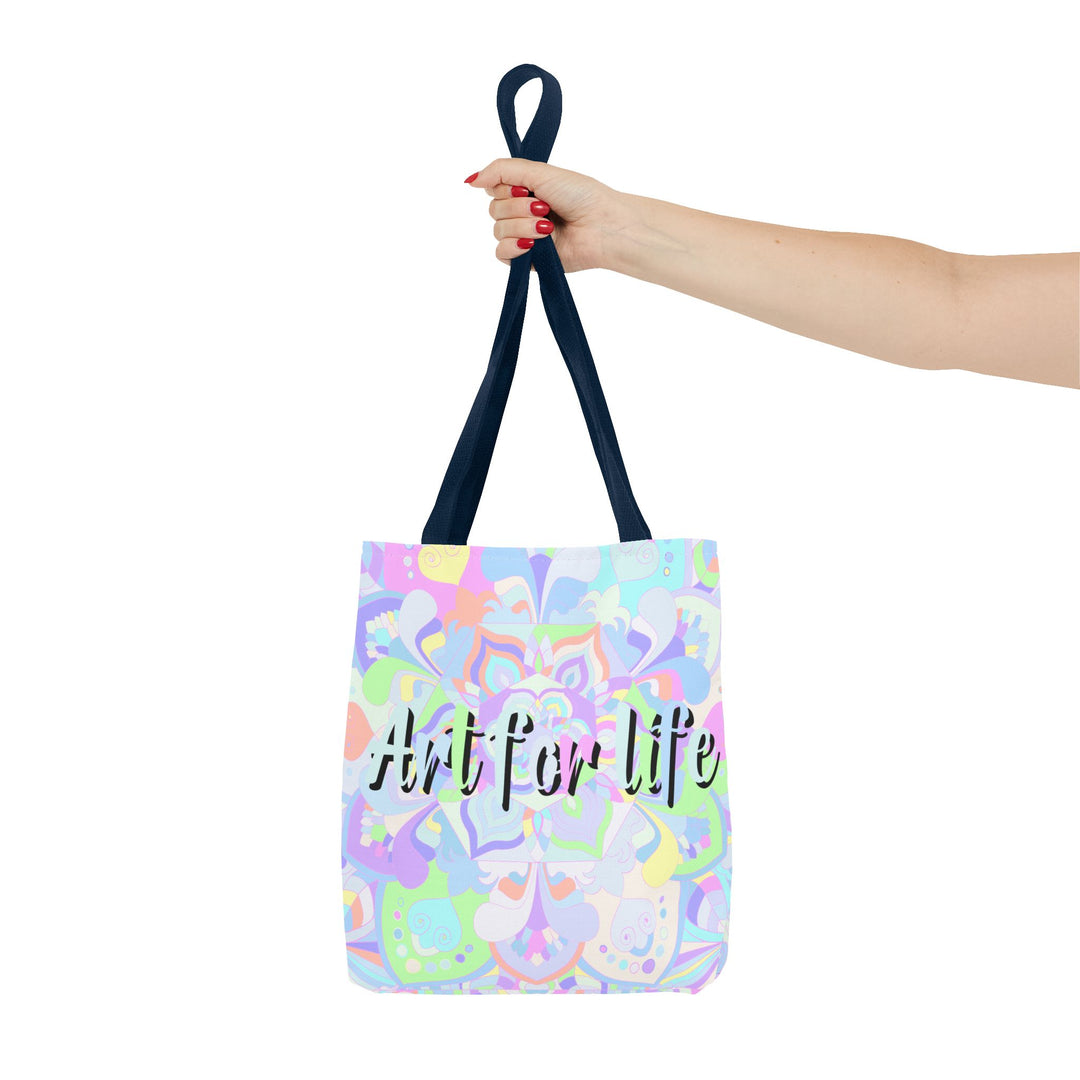 Colorful mandala tote bag with intricate design and inspiring 'Art for Life' quote, perfect for carrying daily essentials in style