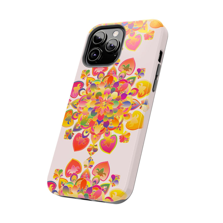 Hand drawn mandala art phone case with intricate geometric patterns and vibrant colors