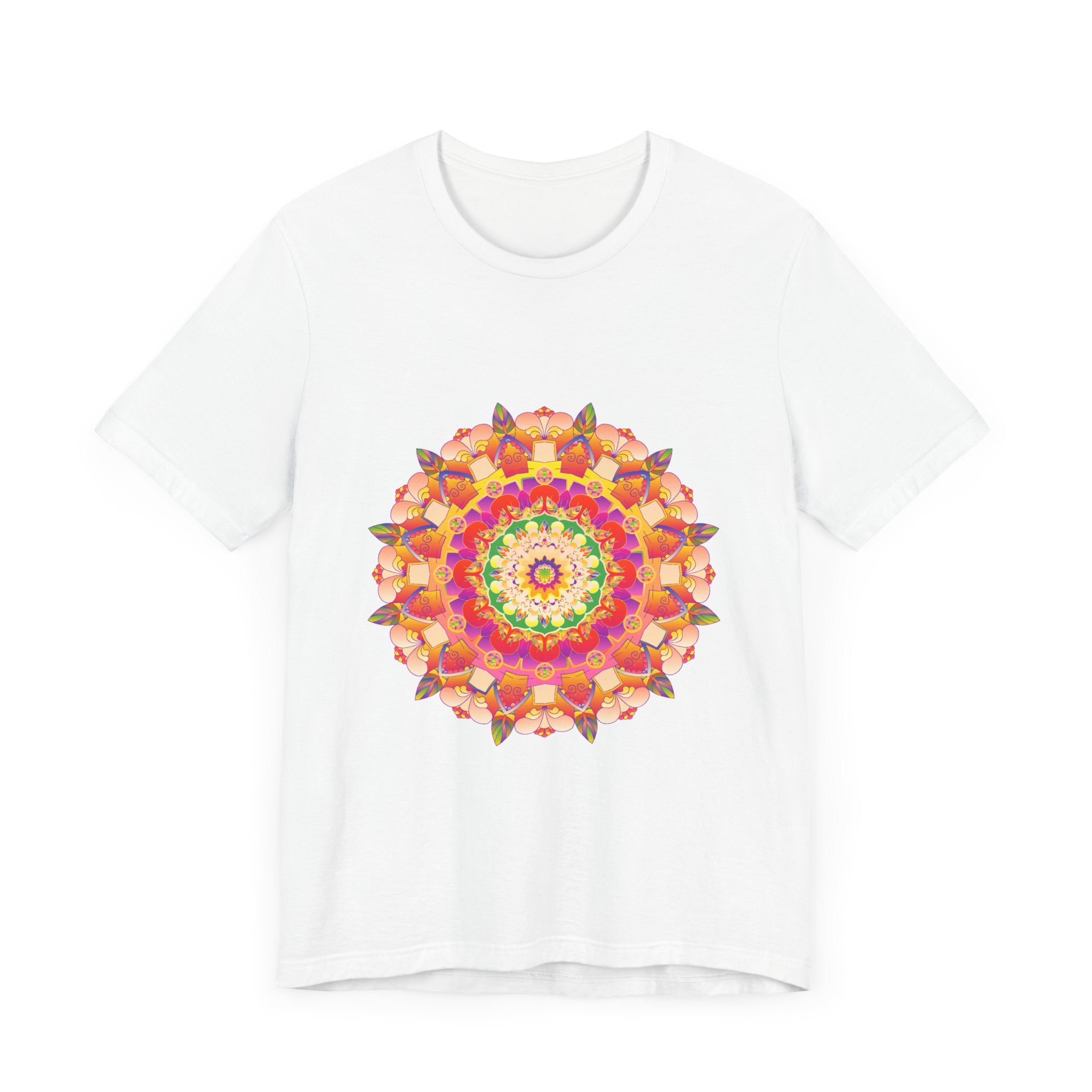 A close-up image of a Vibrant Mandala T-Shirt featuring intricate and colorful designs in various shades and patterns