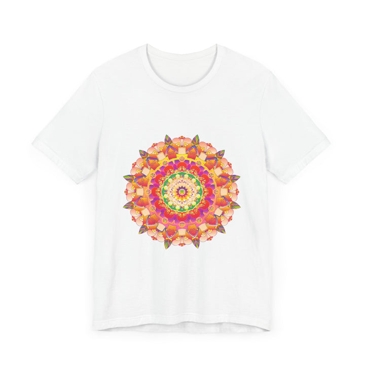 A close-up image of a Vibrant Mandala T-Shirt featuring intricate and colorful designs in various shades and patterns