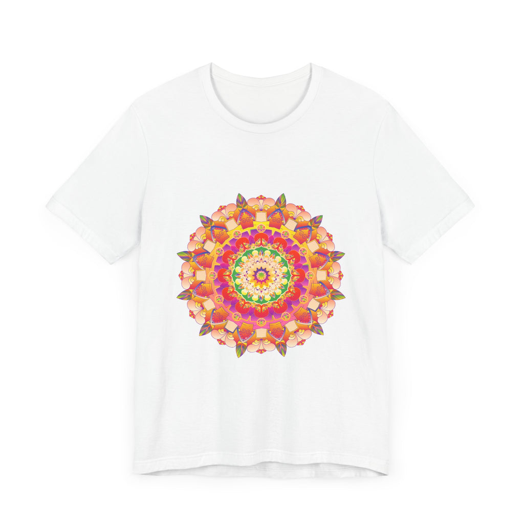 A close-up image of a Vibrant Mandala T-Shirt featuring intricate and colorful designs in various shades and patterns