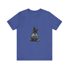 Beautiful black cat with glowing green eyes, surrounded by mystical symbols, on a soft cotton t-shirt