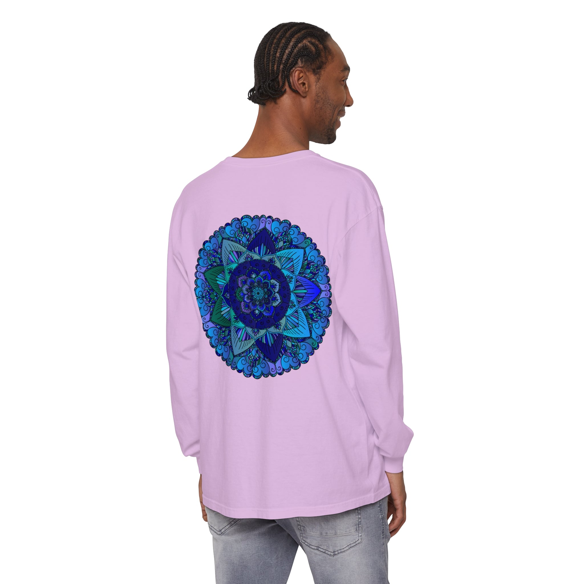 Dark Blue & Green Mandala Long Sleeve T-Shirt with intricate design