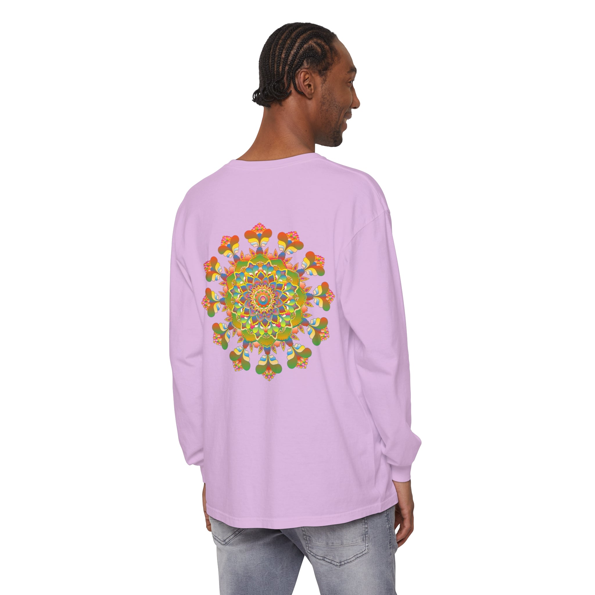 Vibrant long sleeve t-shirt featuring a colorful mandala design in bold, eye-catching colors