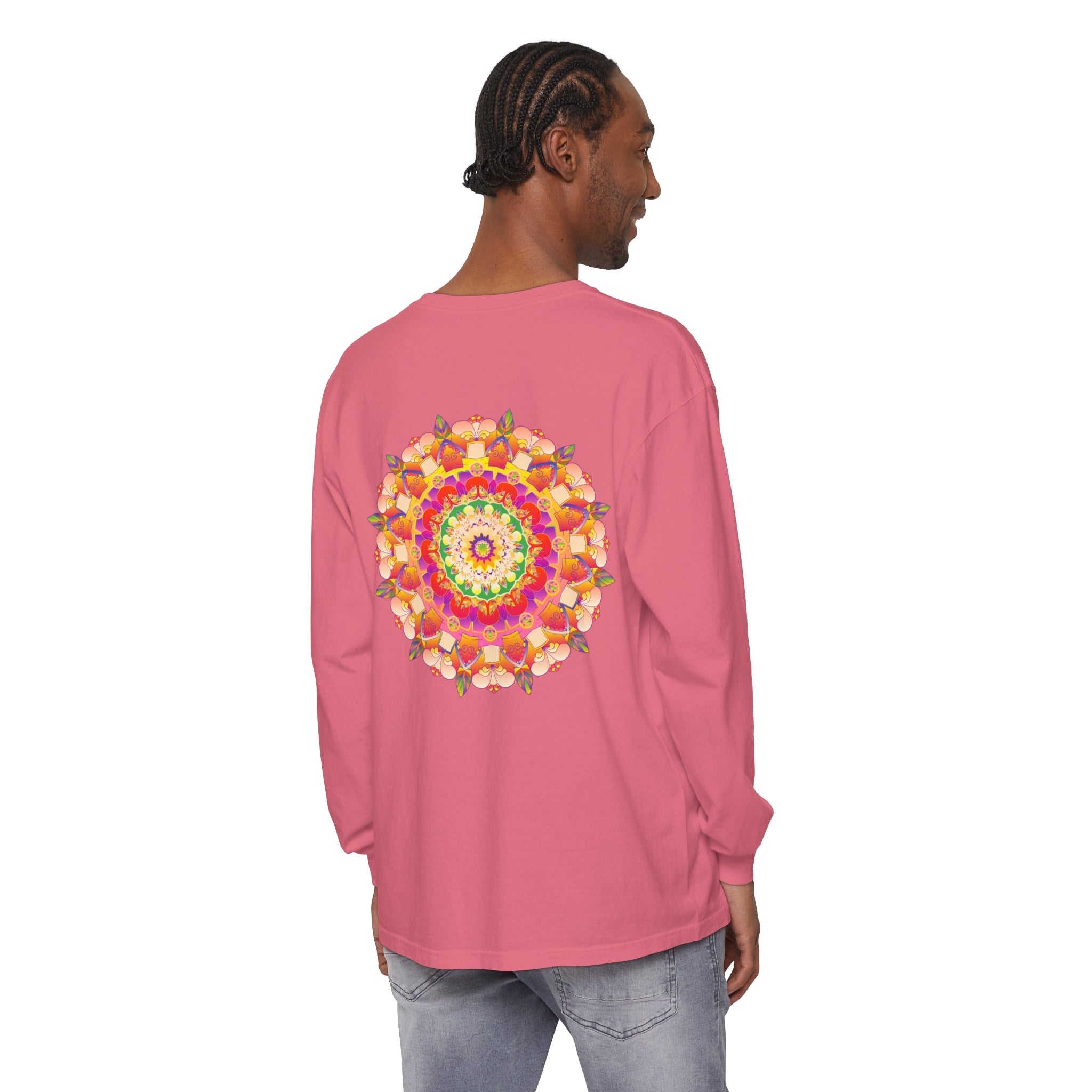 Vibrant Mandala Unisex Long Sleeve T-Shirt featuring intricate, colorful mandala design for both men and women