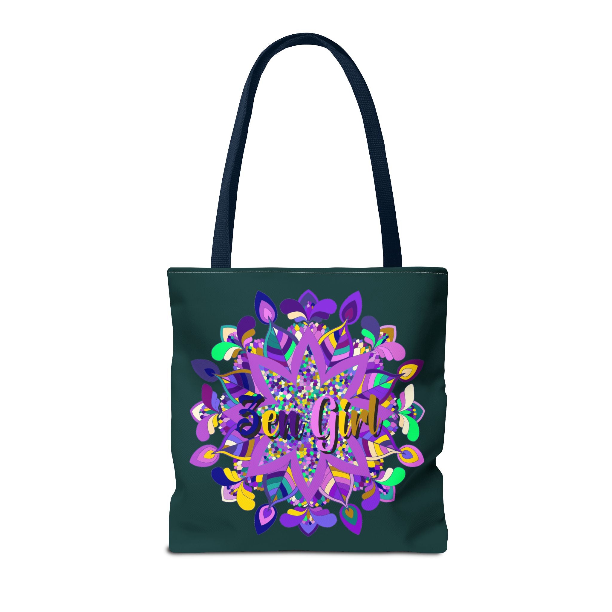 A dark green zen girl mandala tote bag with colorful design