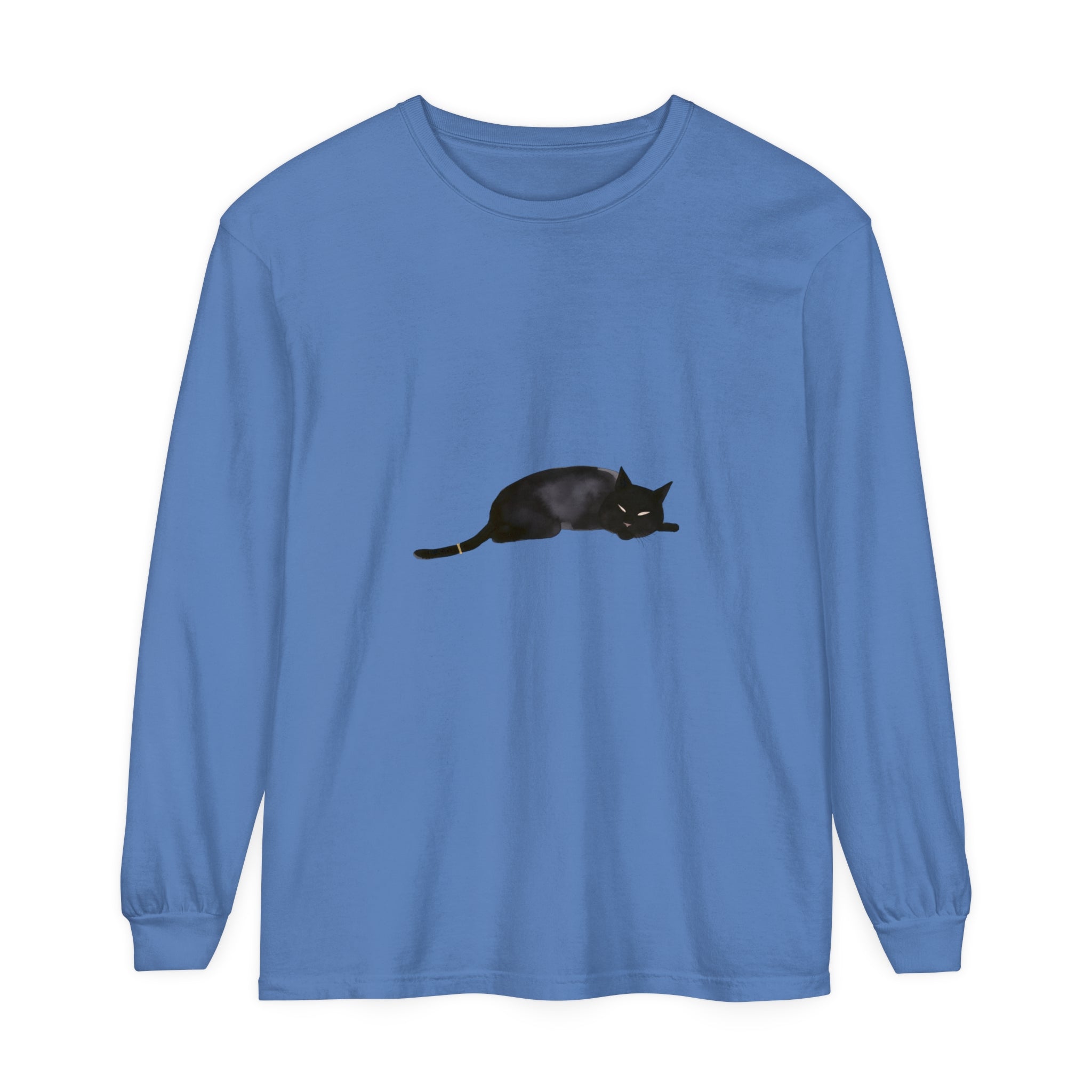 Black cat curled up in peaceful sleep on a unisex long sleeve t-shirt