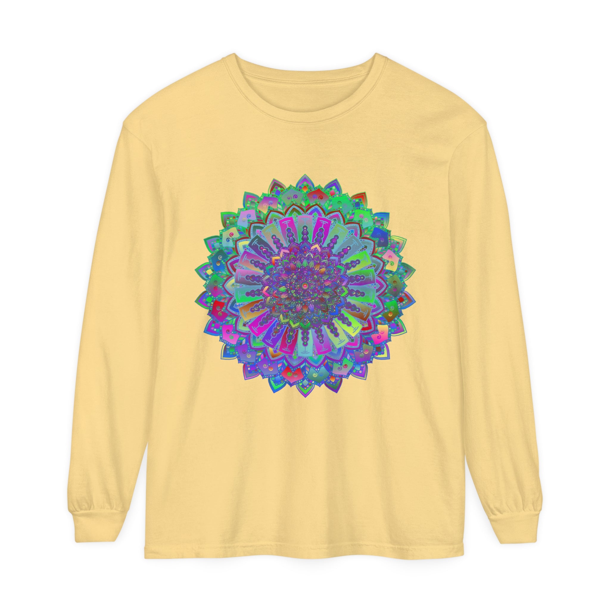 Colorful and intricate mandala design on a long sleeve T-shirt