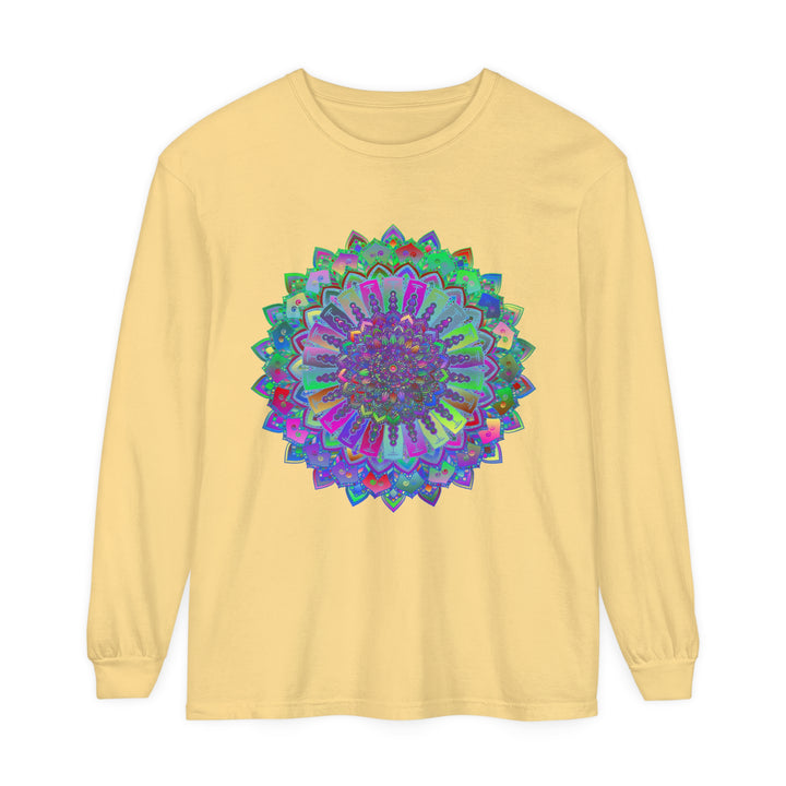 Colorful and intricate mandala design on a long sleeve T-shirt