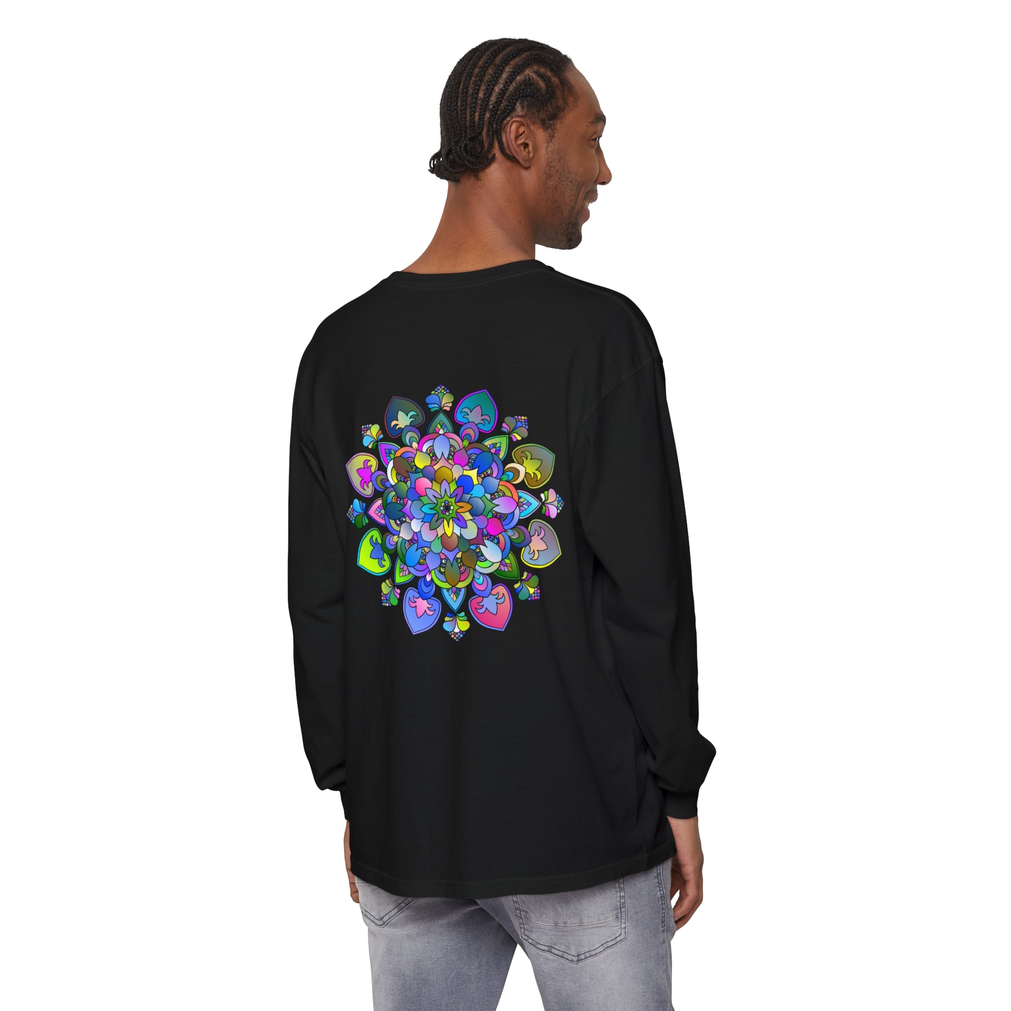 Colorful long sleeve t-shirt featuring a vibrant mandala design