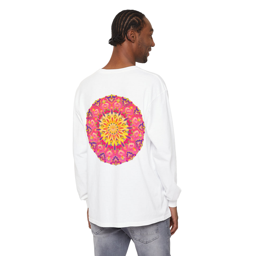 Colorful and intricate mandala design on a unisex long sleeve t-shirt