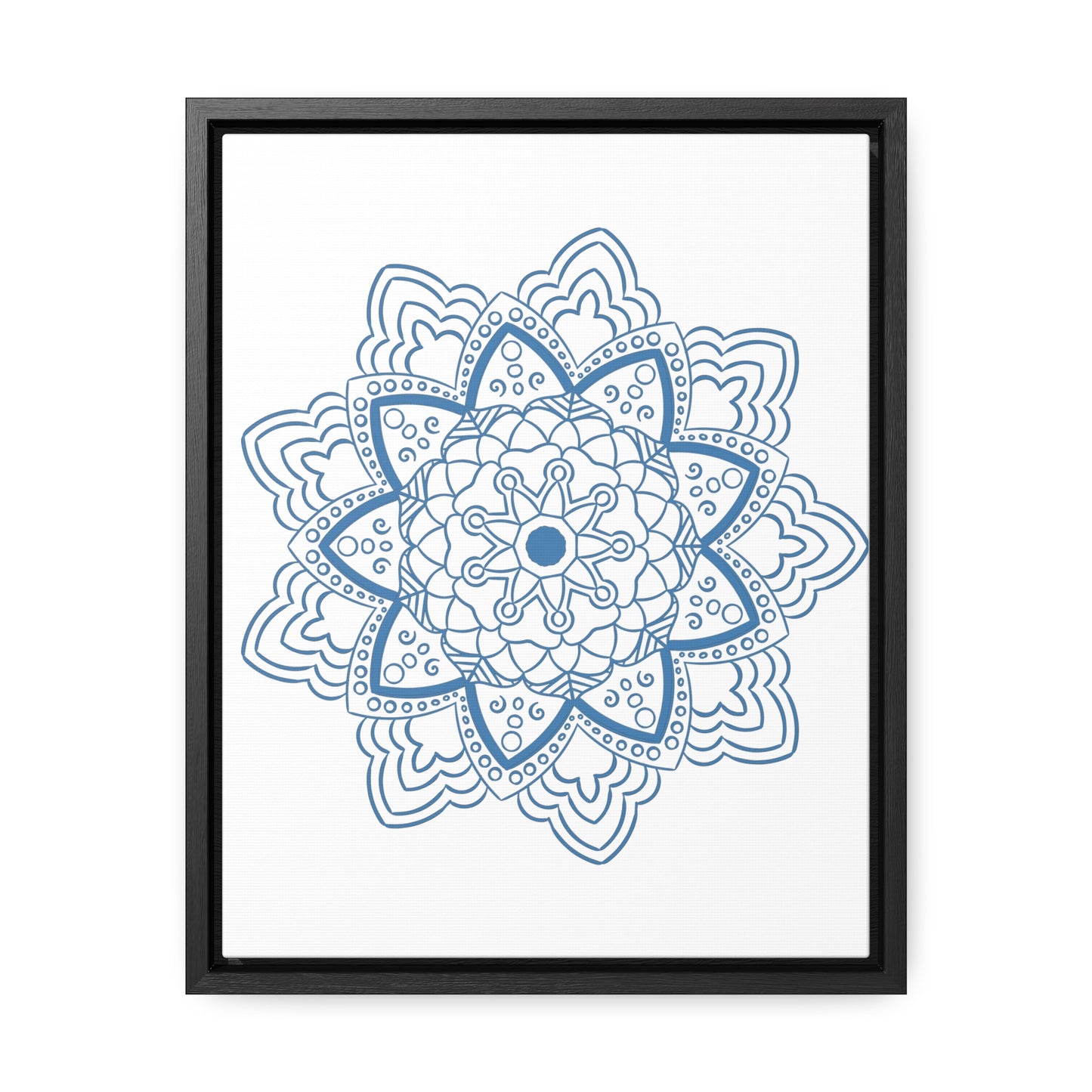 Beautiful handmade Mandala design wall art in steel blue, gallery canvas wraps, and vertical frame