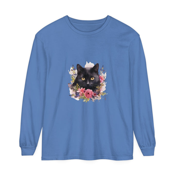 Black Cat Floral Watercolor Long Sleeve T-Shirt featuring a beautiful watercolor design of a black cat surrounded by colorful flowers on a comfortable long sleeve shirt