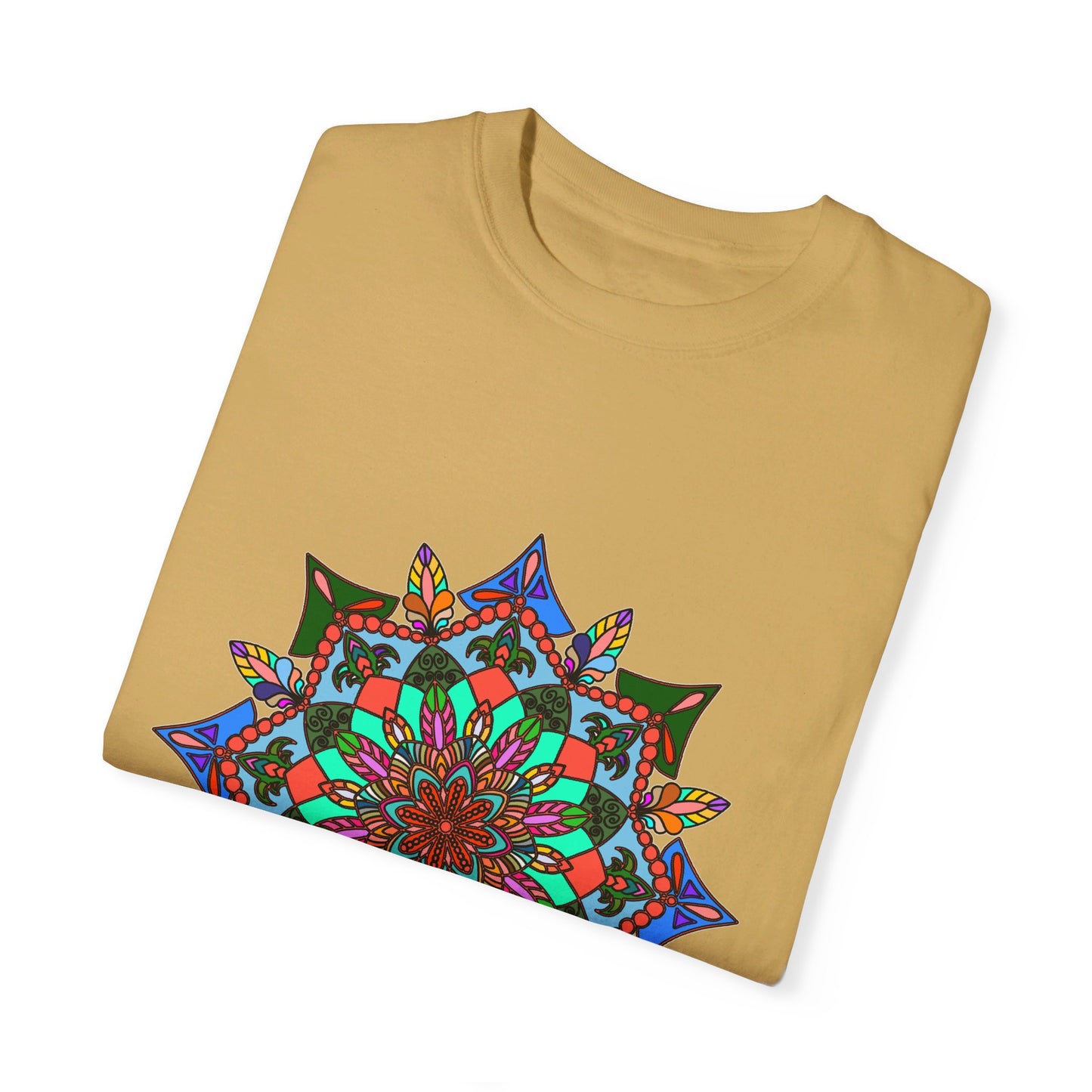 Unisex mandala T-shirt made from 100% ring-spun cotton, featuring hand-drawn mandala art and garment-dyed for extra comfort