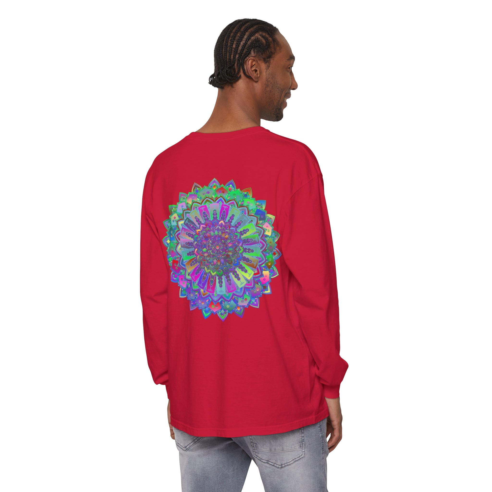 Colorful and intricate mandala design on a long sleeve t-shirt