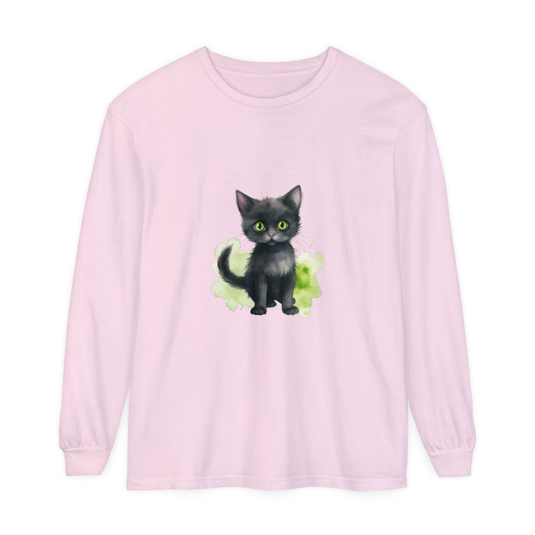 A long sleeve t-shirt featuring a watercolor design of a black cat