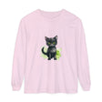 A long sleeve t-shirt featuring a watercolor design of a black cat