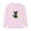 A long sleeve t-shirt featuring a watercolor design of a black cat