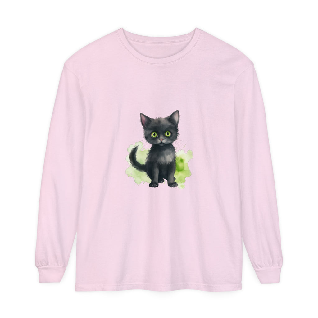 A long sleeve t-shirt featuring a watercolor design of a black cat