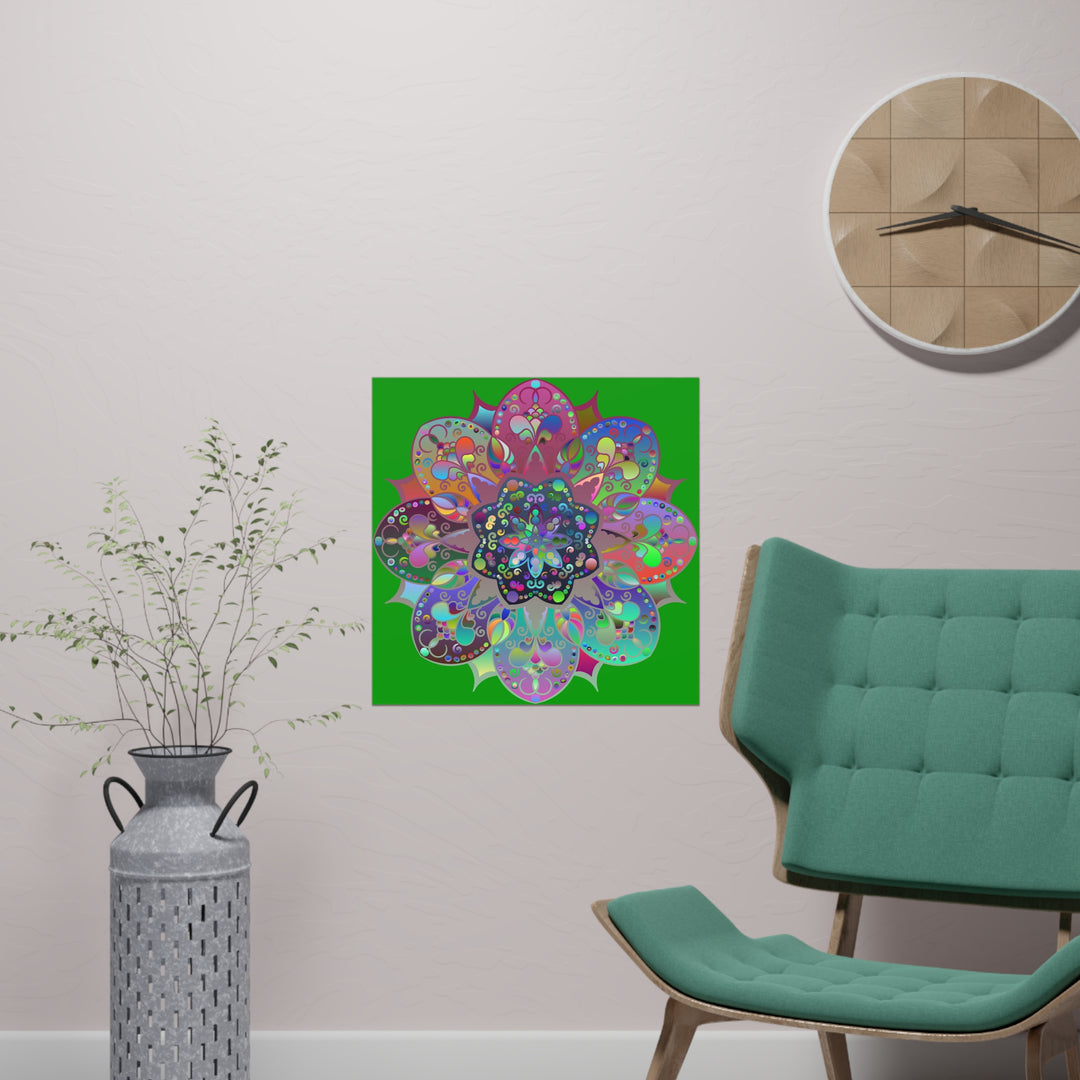 Dark green mandala poster hand-drawn with bright and intricate details and patterns