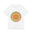  Close-up of the detailed and colorful mandala pattern on the tee