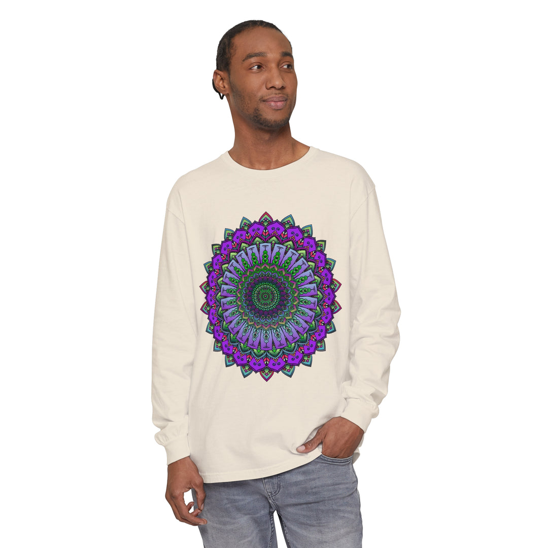 A beautiful and detailed mandala design on a unisex long sleeve t-shirt