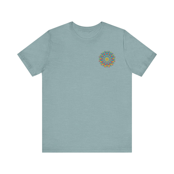 Colorful and intricate psychedelic mandala design on a t-shirt promoting spiritual peace and harmony